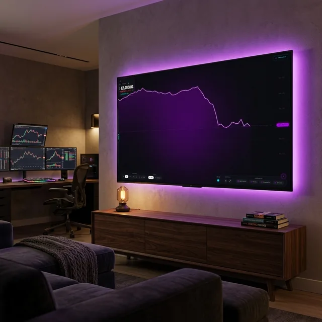 Day trader couch workspace with ambient neon charting display