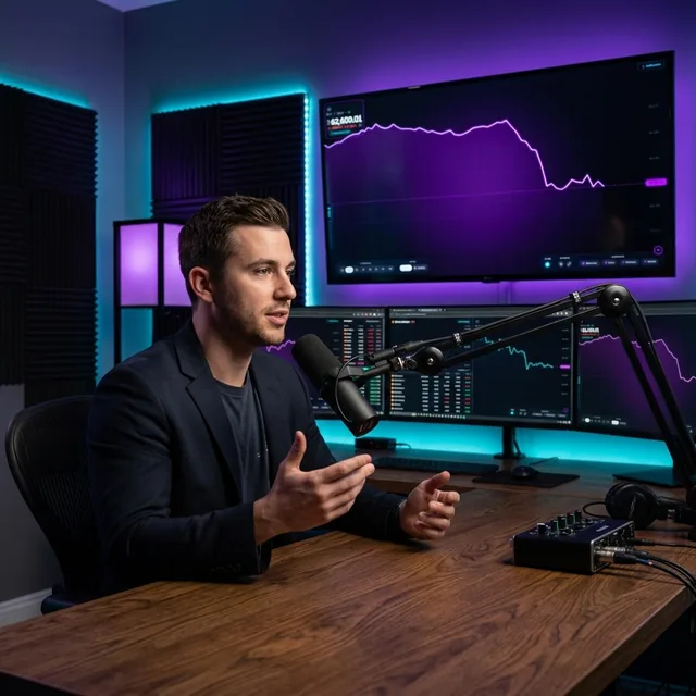 Streamer talking in front of BTC Neon Glow Chart Backdrop